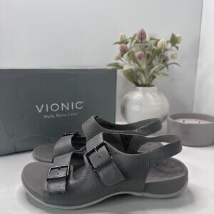 Vionic Albie Strappy Travel Leather Sandal Gray Orthotic Women 7.5 Wide